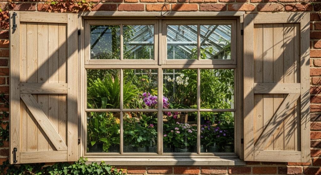 Greenhouse Window with Wooden Shutters
