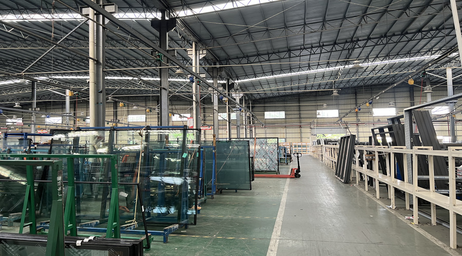 aluminum window factory workshop glass and frame storage